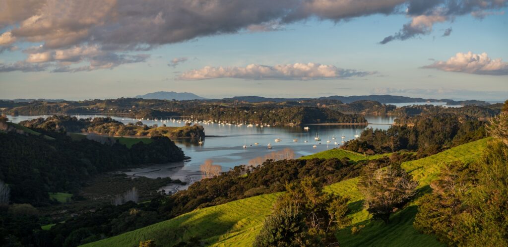 Panoramic of Mahurangi Harbor by Mahurangi Peninsula and islands of the Hauraki Gulf, New Zealand