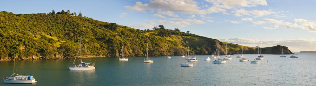 Sailing boats in Waikeke Island Harbour at sunset, Auckland, North Island, New Zealand